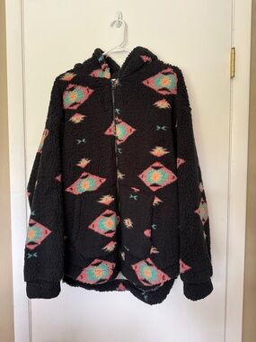 SO Black Hooded Sherpa Jacket with Pink and Teal Aztec Print